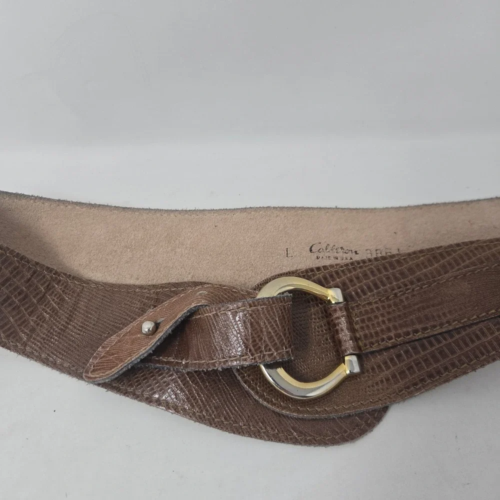 Calderon Vintage‎ Brown Lizard Embossed Leather Wide Waist Belt Gold Buckle L